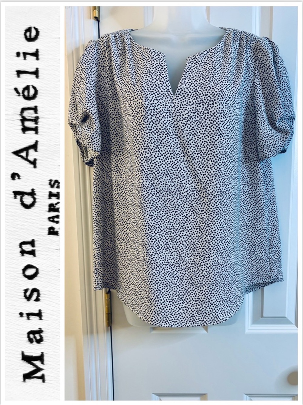 Maison d’Amélie Blouse Top Black White Dot Notch V-Neck Puff Short Sleeve large - Picture 8 of 8